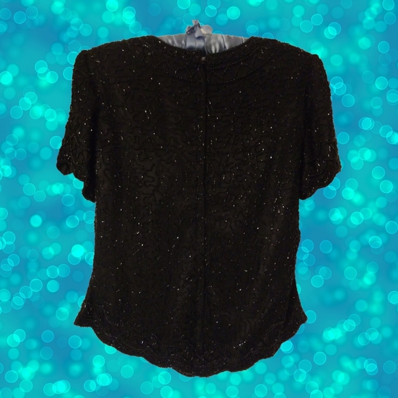 Cote d Azur Black Beaded Silk Short Sleeve Top; Size Medium - Picture 2 of 7